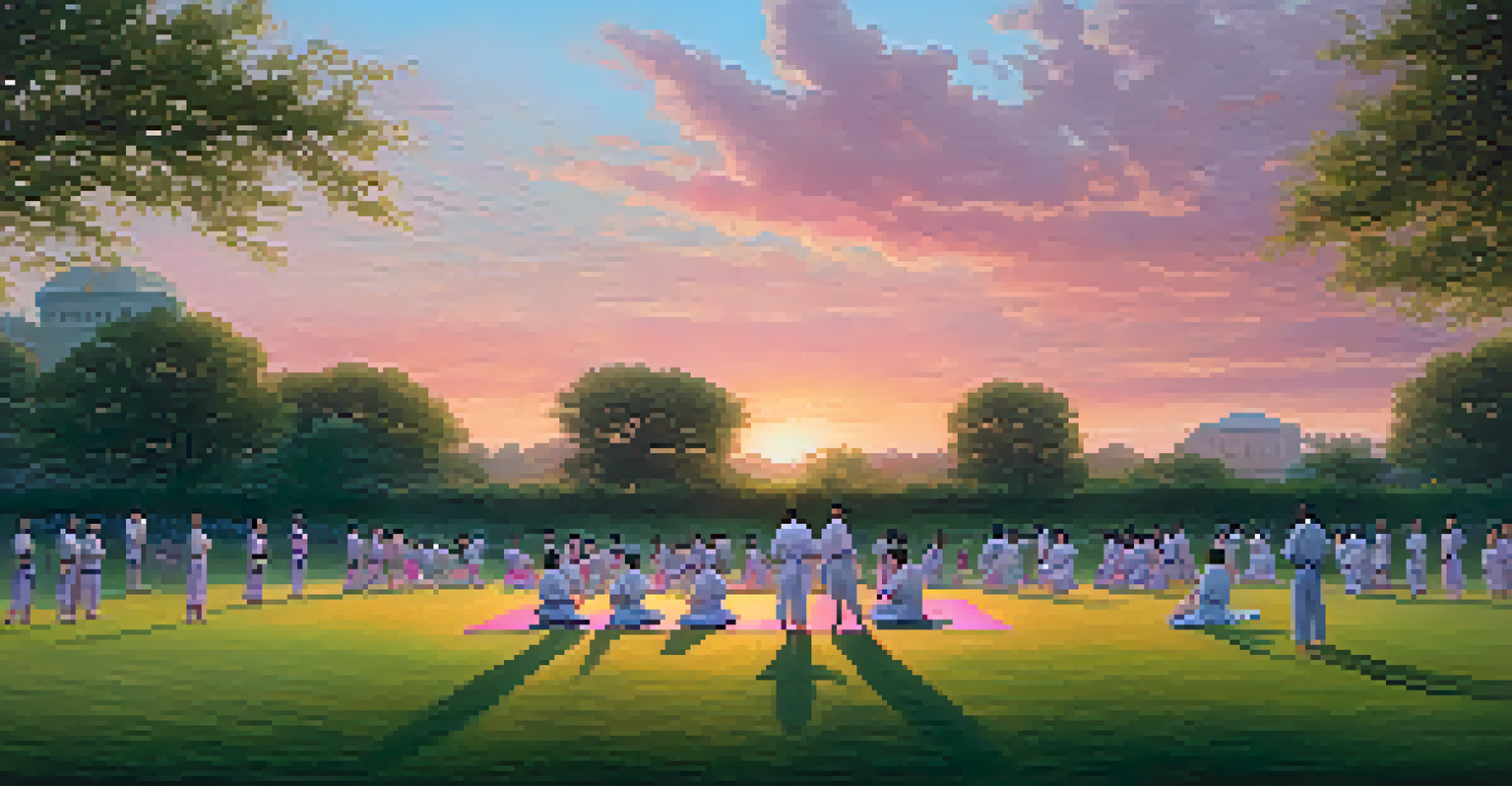 A diverse group of martial artists practicing in a park during sunset, showcasing focus and discipline.