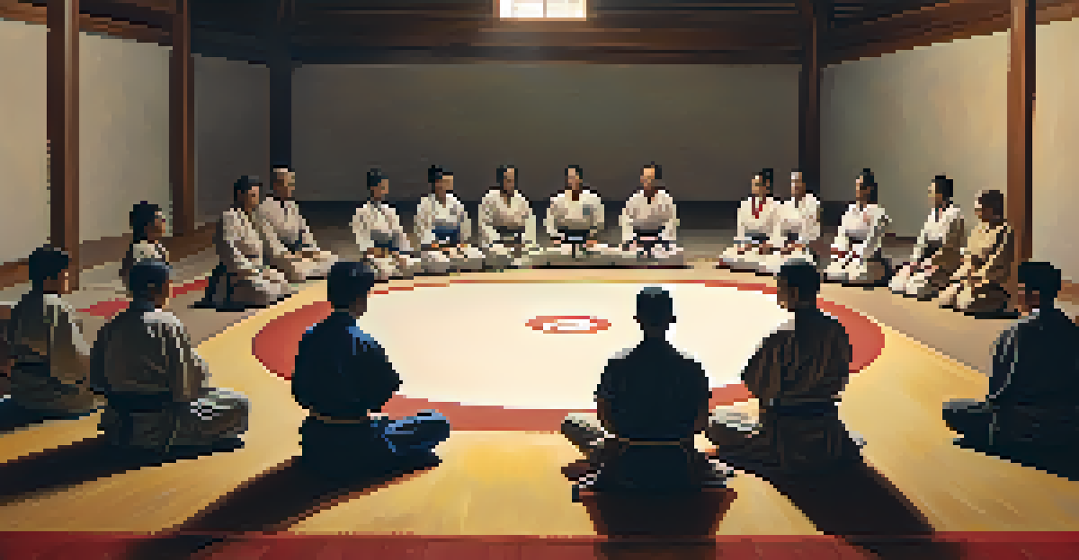 A group of martial arts practitioners sitting in a circle on the mat, discussing mental health and support in a warm, inviting environment.