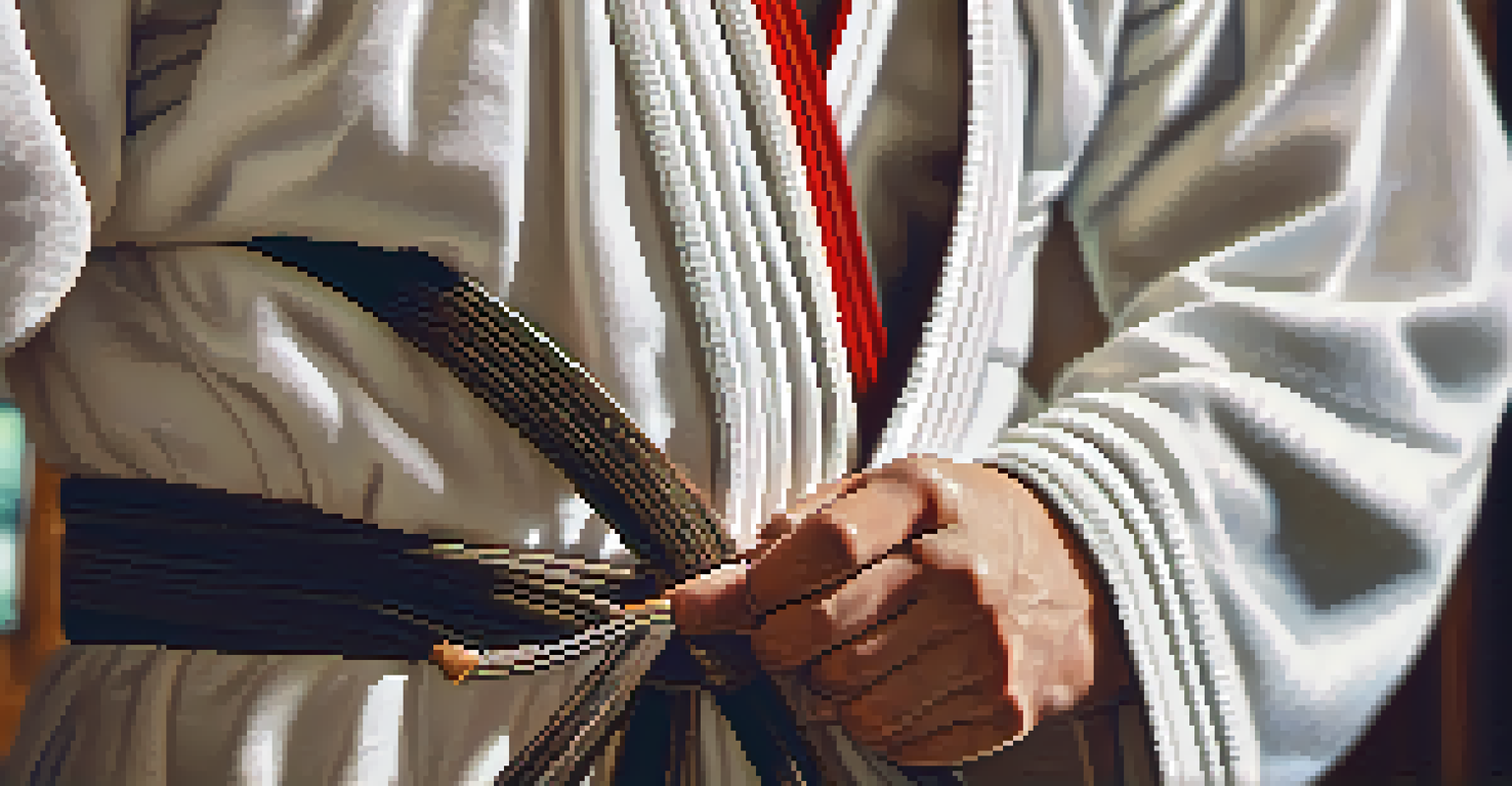 A close-up of a martial artist's hands tying their belt, with a blurred dojo background, emphasizing the ritual of preparation.