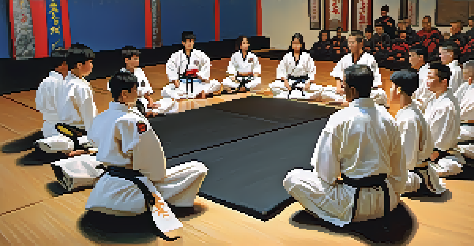 A group of martial arts students discussing in a dojo, highlighting teamwork and communication.
