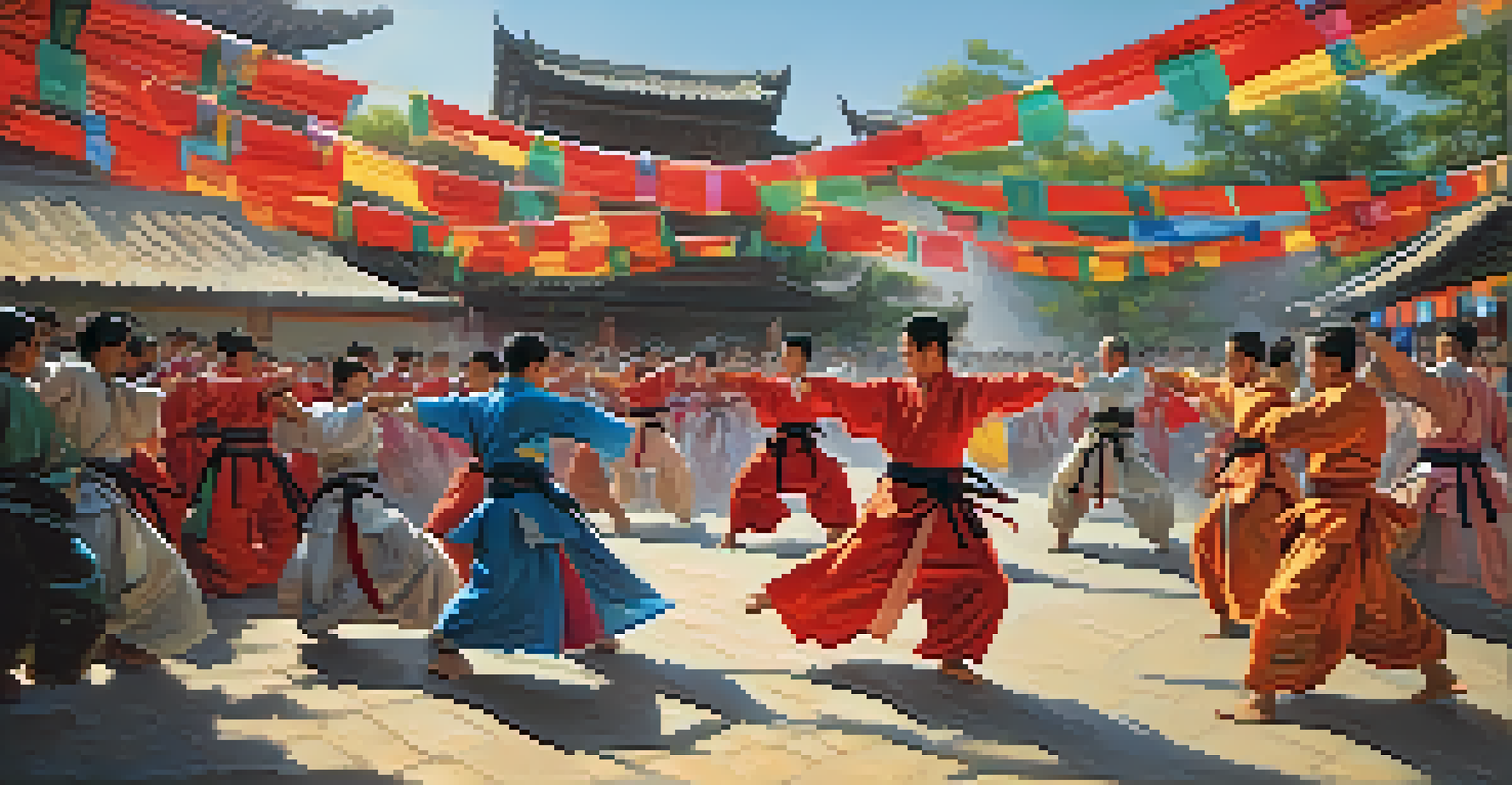 A cultural festival with martial artists in traditional outfits demonstrating various styles, surrounded by a lively audience and colorful decorations.