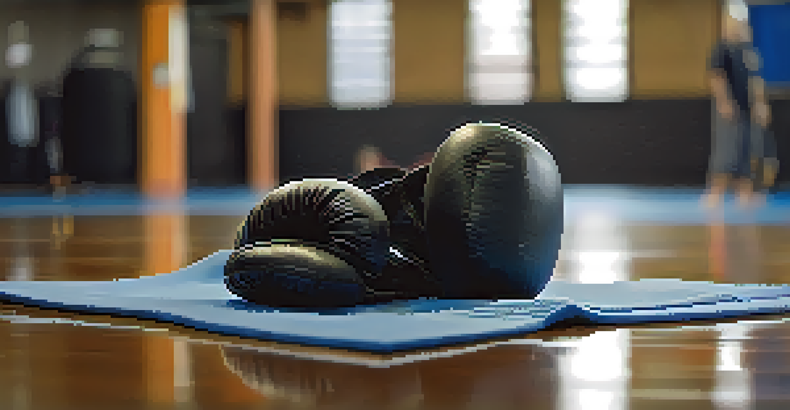 Close-up of martial arts gloves on a gym mat, with a water bottle and towel in the background.