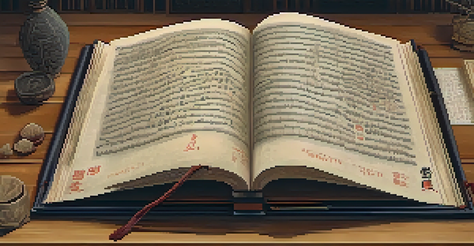 An open ancient martial arts manuscript on a wooden table, showcasing ink illustrations and notes in warm lighting.