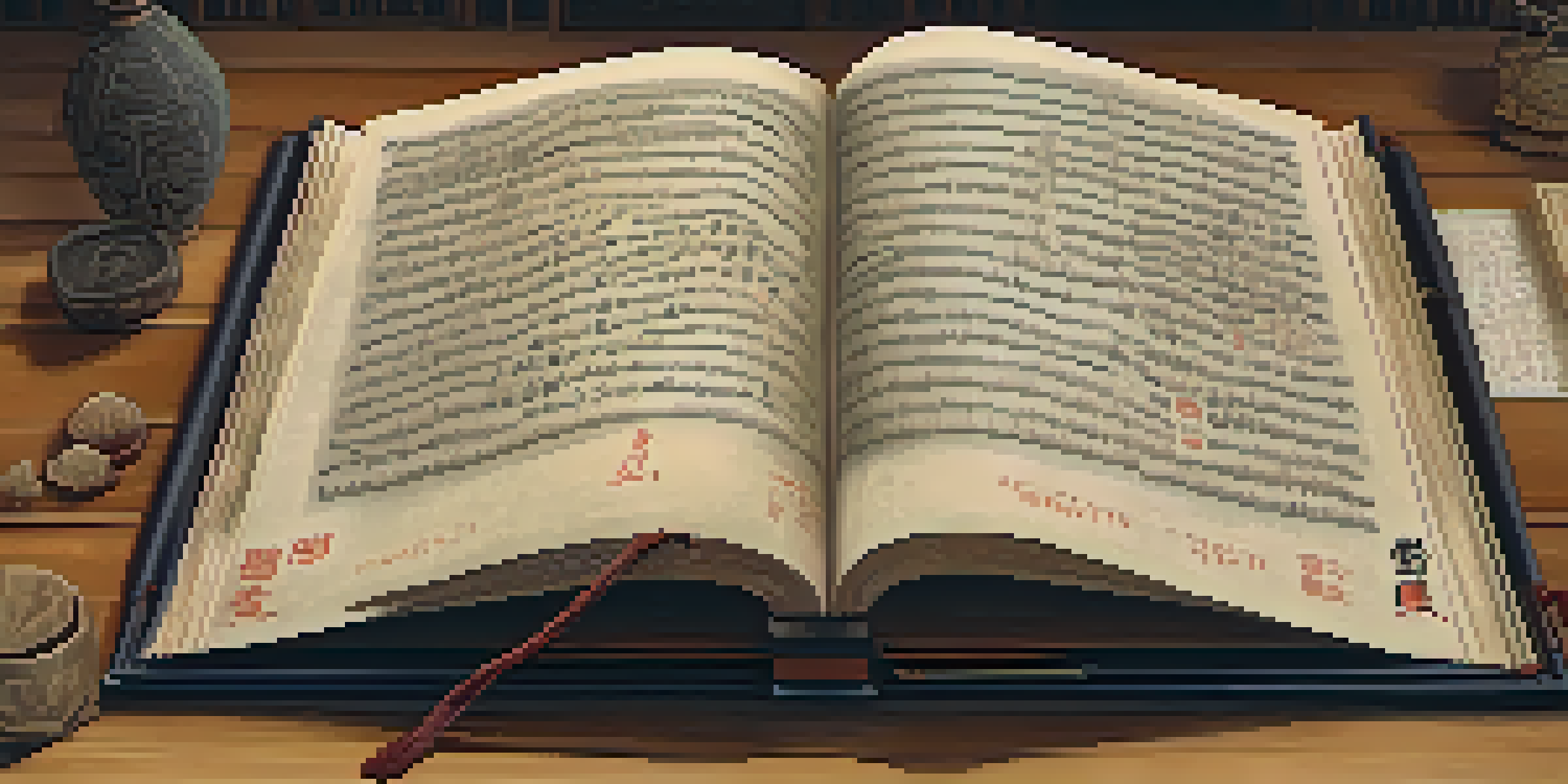 An open ancient martial arts manuscript on a wooden table, showcasing ink illustrations and notes in warm lighting.