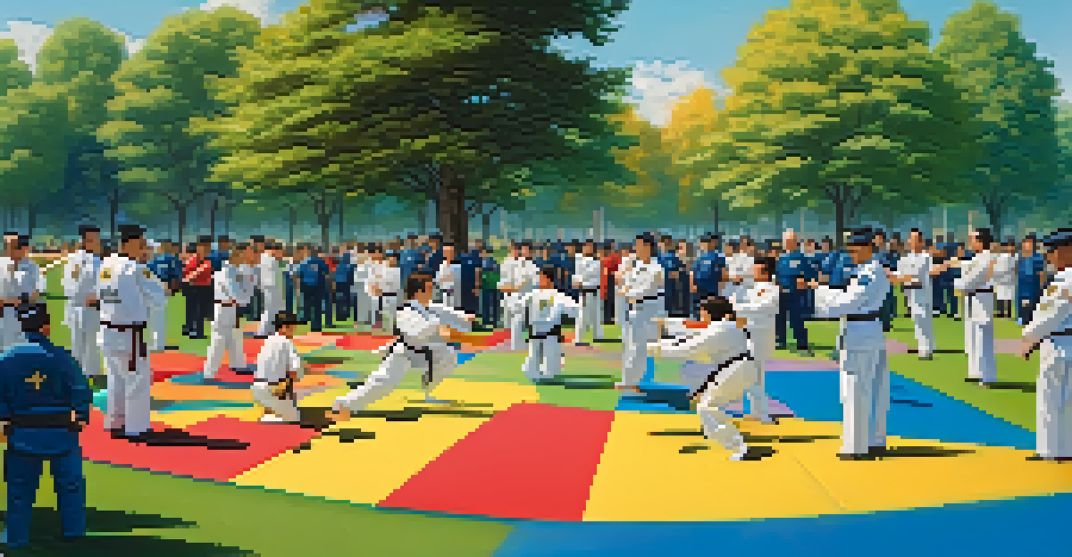 Police officers and community members practicing martial arts together in a park under a clear sky.