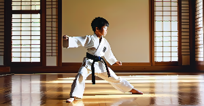 A child in a white martial arts uniform performs a kick in a bright dojo, with sunlight illuminating the space.