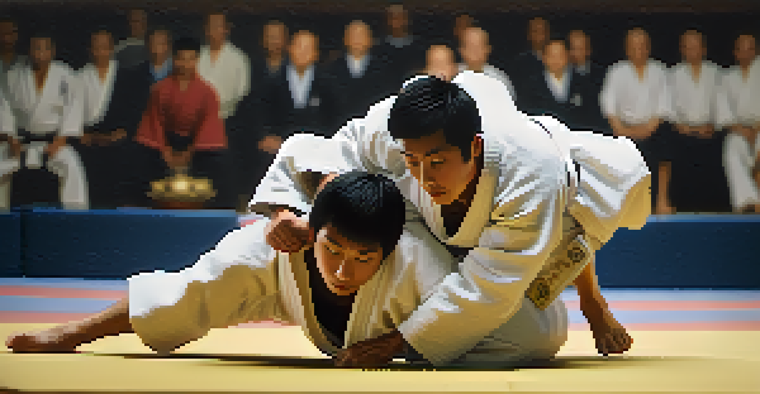 A judo match showing two athletes in action on a mat, one executing a throw while the audience watches.