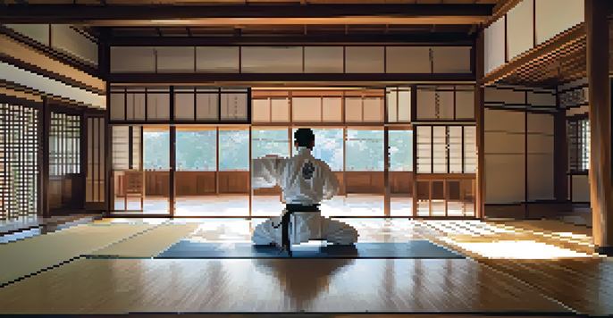 A martial artist practicing a kata in a serene dojo setting with natural light and traditional decorations.