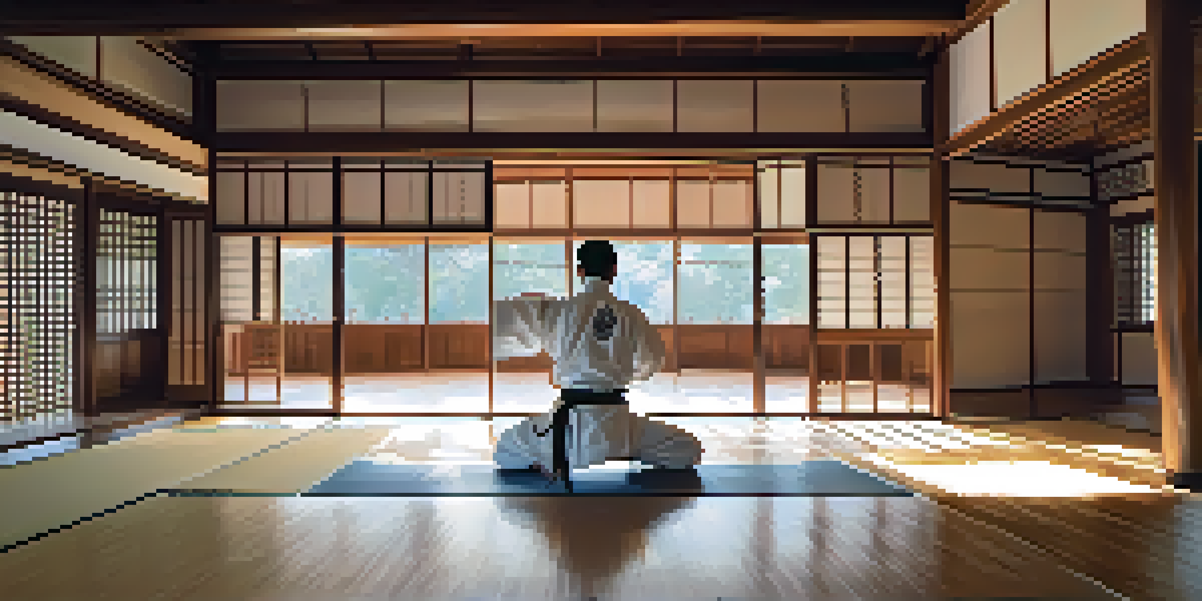 A martial artist practicing a kata in a serene dojo setting with natural light and traditional decorations.