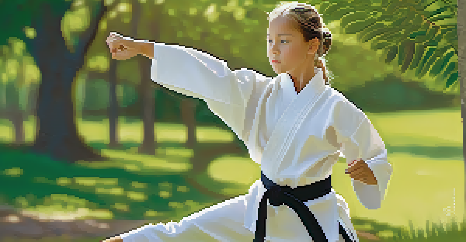 A young girl in a karate stance outdoors, showcasing confidence and determination against a backdrop of greenery and blue sky.