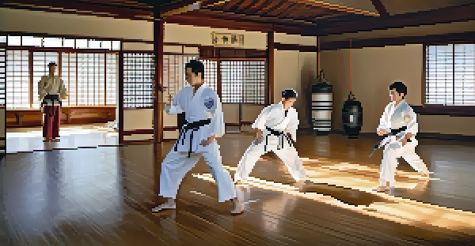 A peaceful dojo with martial arts practitioners training, showcasing a novice learning from an advanced instructor in a sunlit environment.