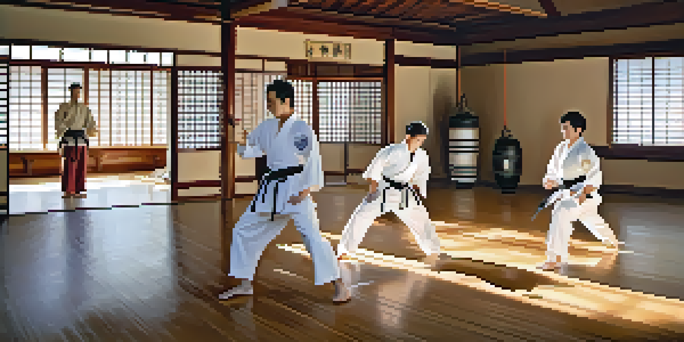 A peaceful dojo with martial arts practitioners training, showcasing a novice learning from an advanced instructor in a sunlit environment.