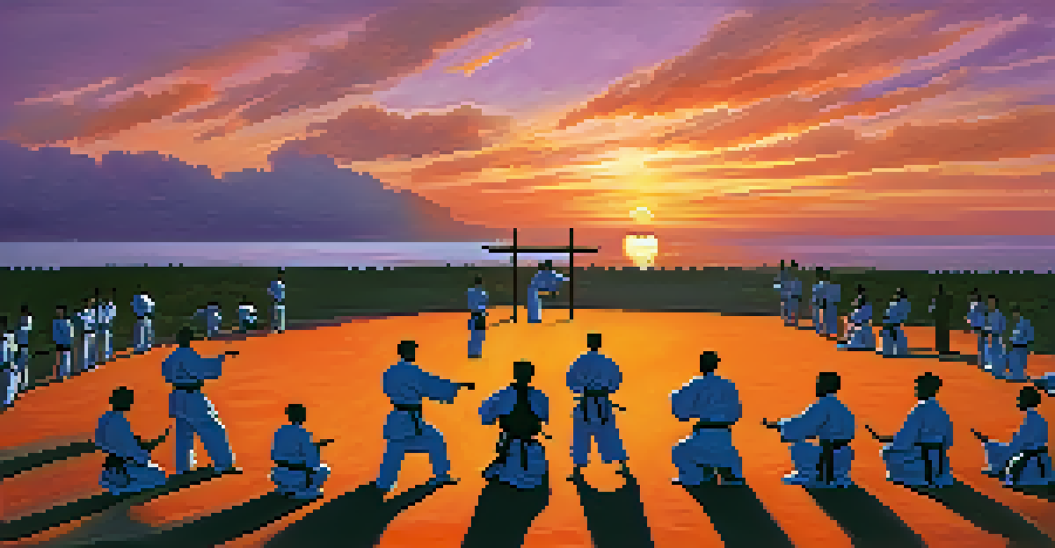 Martial arts class at sunset with students practicing in a circle against a colorful sky.