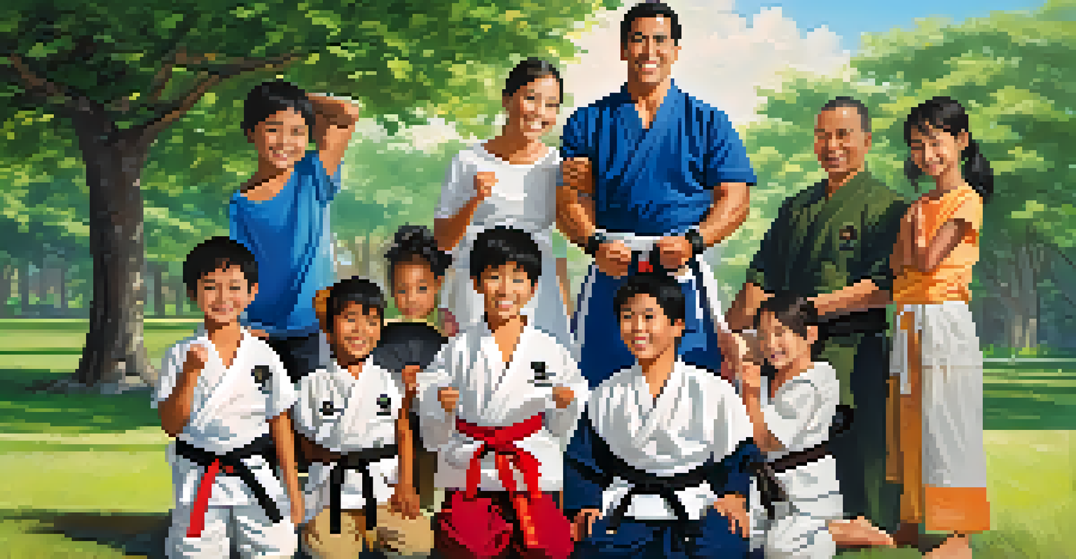 A family celebrating outdoors after a martial arts class, with children holding their new belts and smiling proudly.