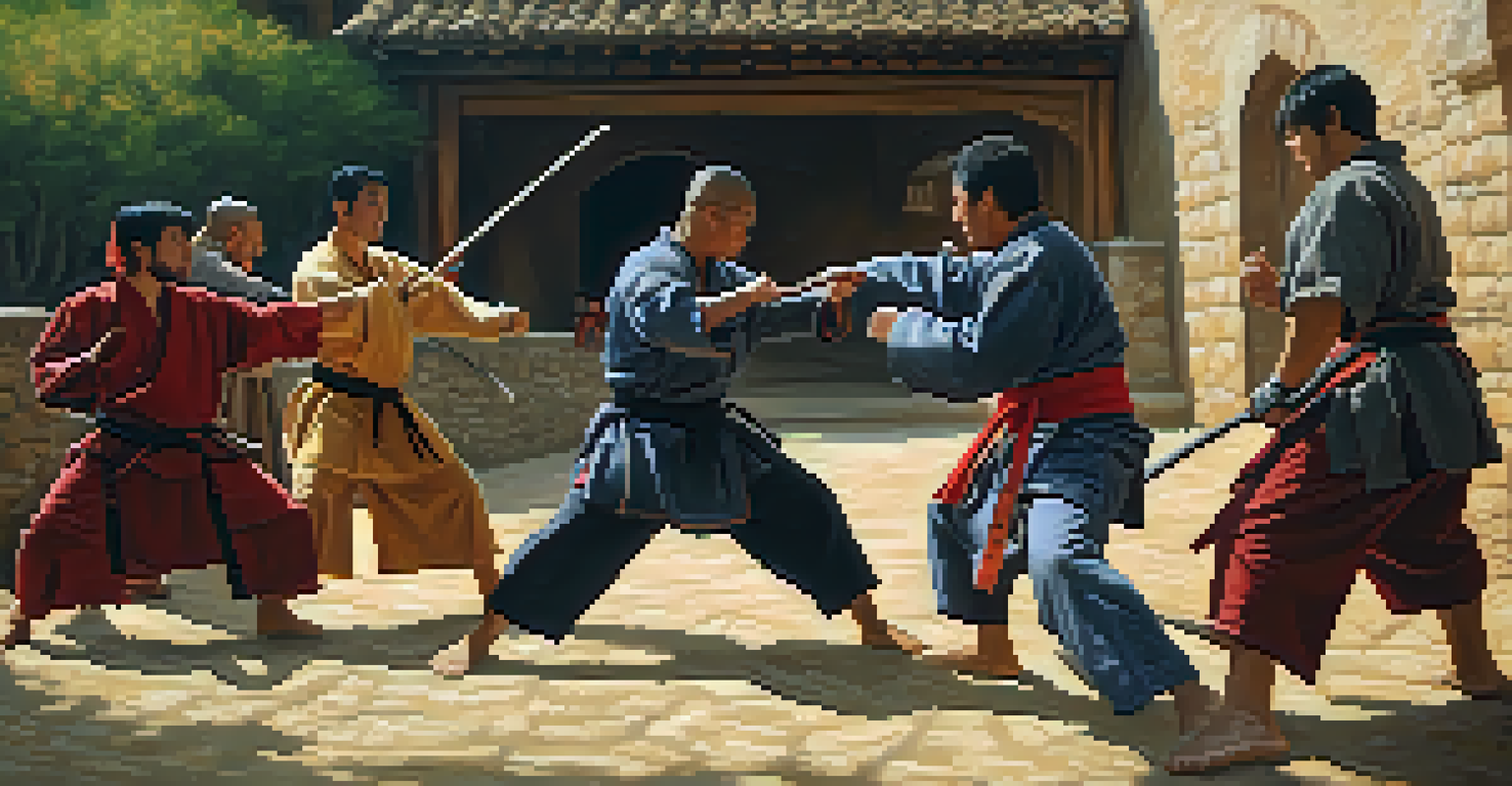 A dynamic grappling scene between martial arts reenactors in a medieval village.