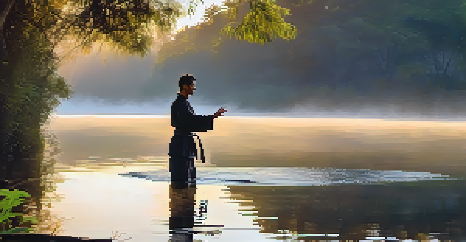 A martial artist practicing Tai Chi by a lake at sunrise, surrounded by nature and mist.