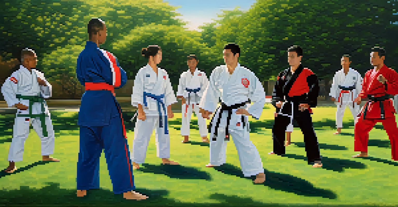 A diverse group of martial artists training together in a park, showcasing different styles and uniforms.