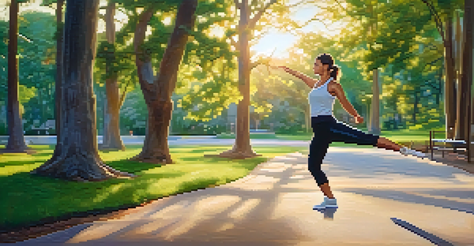 A woman practicing self-defense in a serene park during sunset, surrounded by trees and warm sunlight.