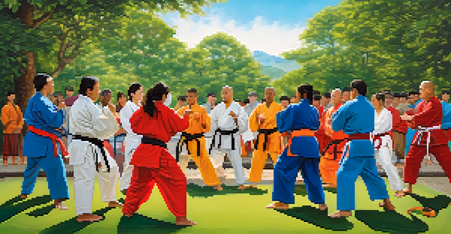 A diverse group of martial artists practicing and sharing techniques outdoors, surrounded by colorful banners and greenery.