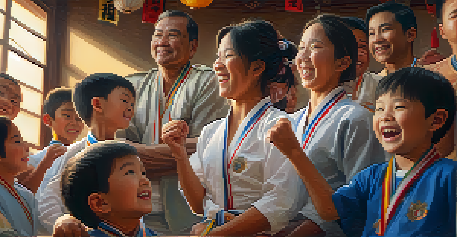 A family celebrating their achievements at a martial arts competition, wearing medals and smiling amidst a lively crowd.