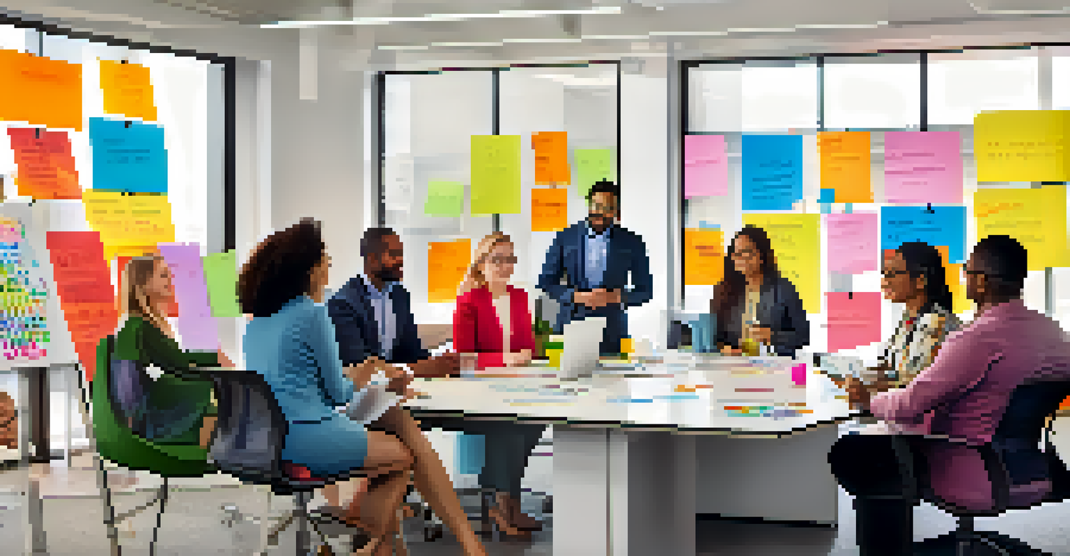 A diverse group of leaders brainstorming in a modern office environment, surrounded by colorful notes and a whiteboard.