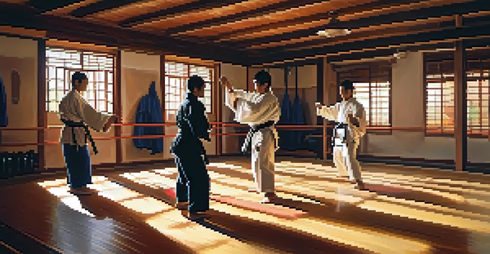 A diverse group of martial arts students training together in a dojo, one student encouraging another during sparring, with sunlight streaming through the windows.