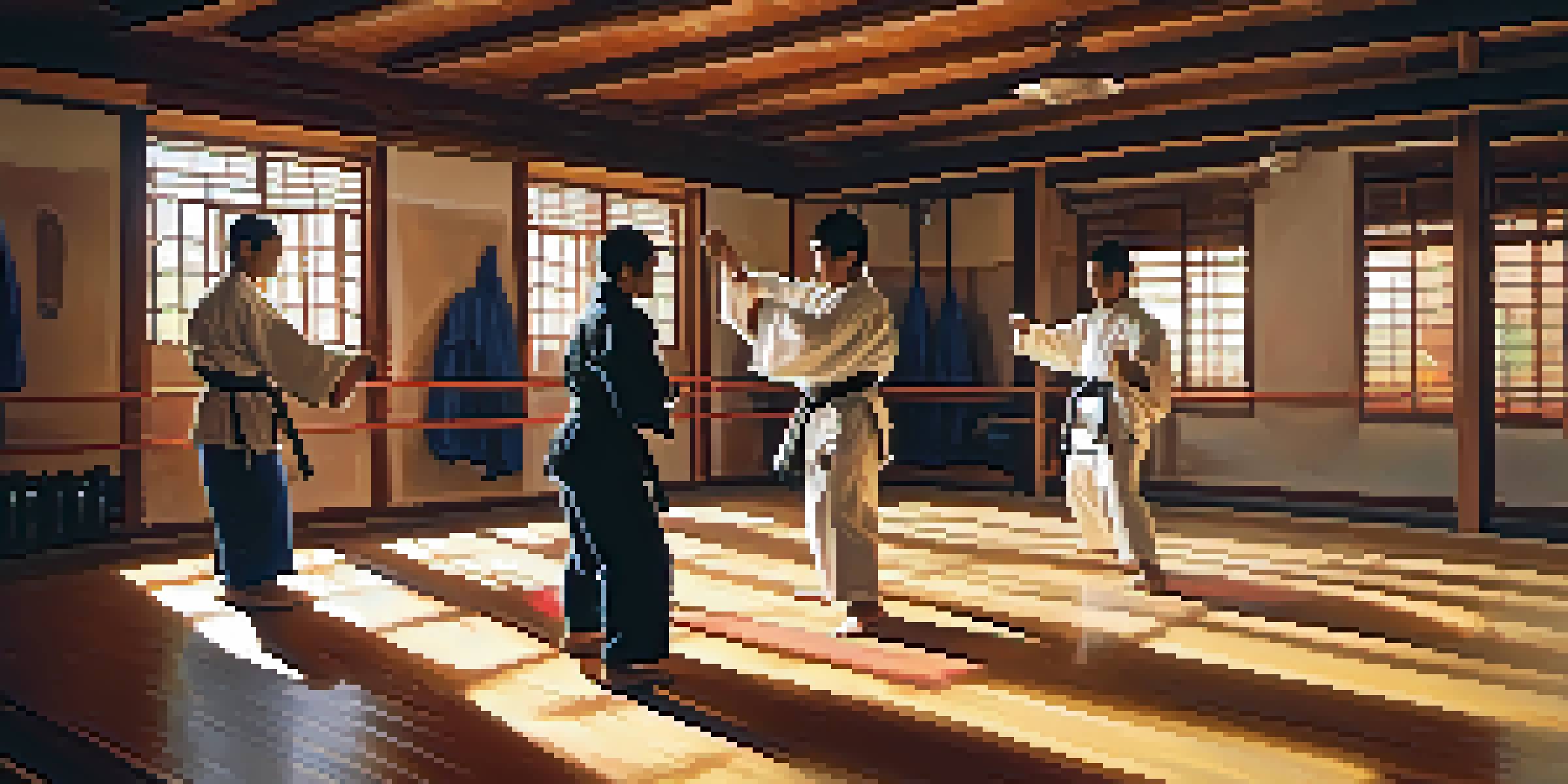 A diverse group of martial arts students training together in a dojo, one student encouraging another during sparring, with sunlight streaming through the windows.