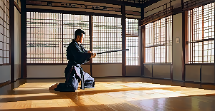 An interior view of a tranquil martial arts dojo with a practitioner performing a kata in a traditional gi, illuminated by sunlight.