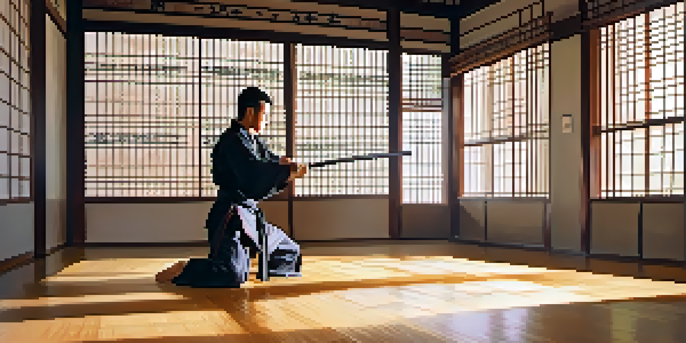An interior view of a tranquil martial arts dojo with a practitioner performing a kata in a traditional gi, illuminated by sunlight.