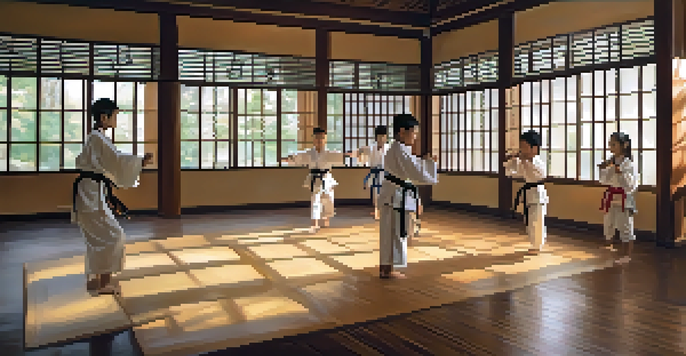 A peaceful martial arts training space with students practicing in a supportive environment, featuring wooden floors and natural light.