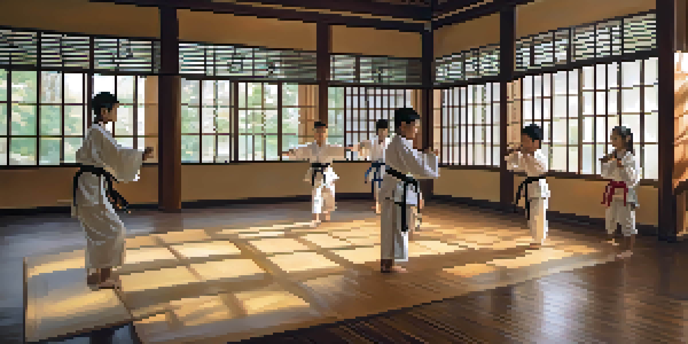 A peaceful martial arts training space with students practicing in a supportive environment, featuring wooden floors and natural light.