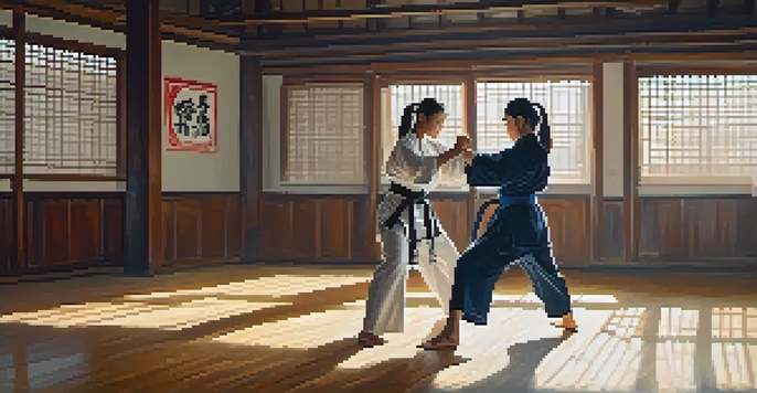 A woman practicing self-defense in a dojo, performing a palm heel strike against a training pad, showcasing determination and confidence.
