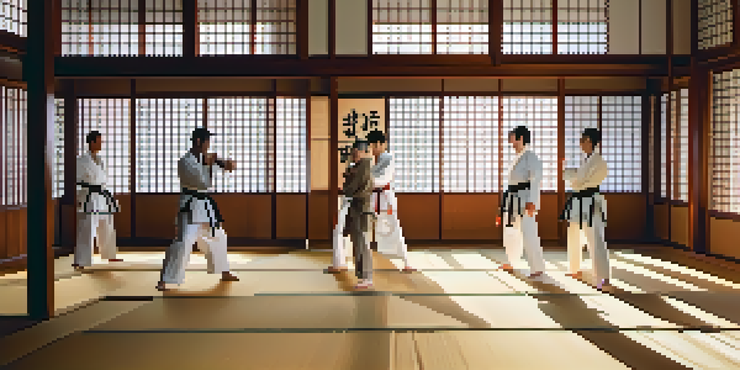A peaceful dojo with martial artists practicing in a sunlit interior, demonstrating various martial arts techniques.