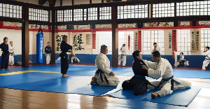 A police officer practicing Brazilian Jiu-Jitsu in a dojo with a training partner, showcasing focus and determination.