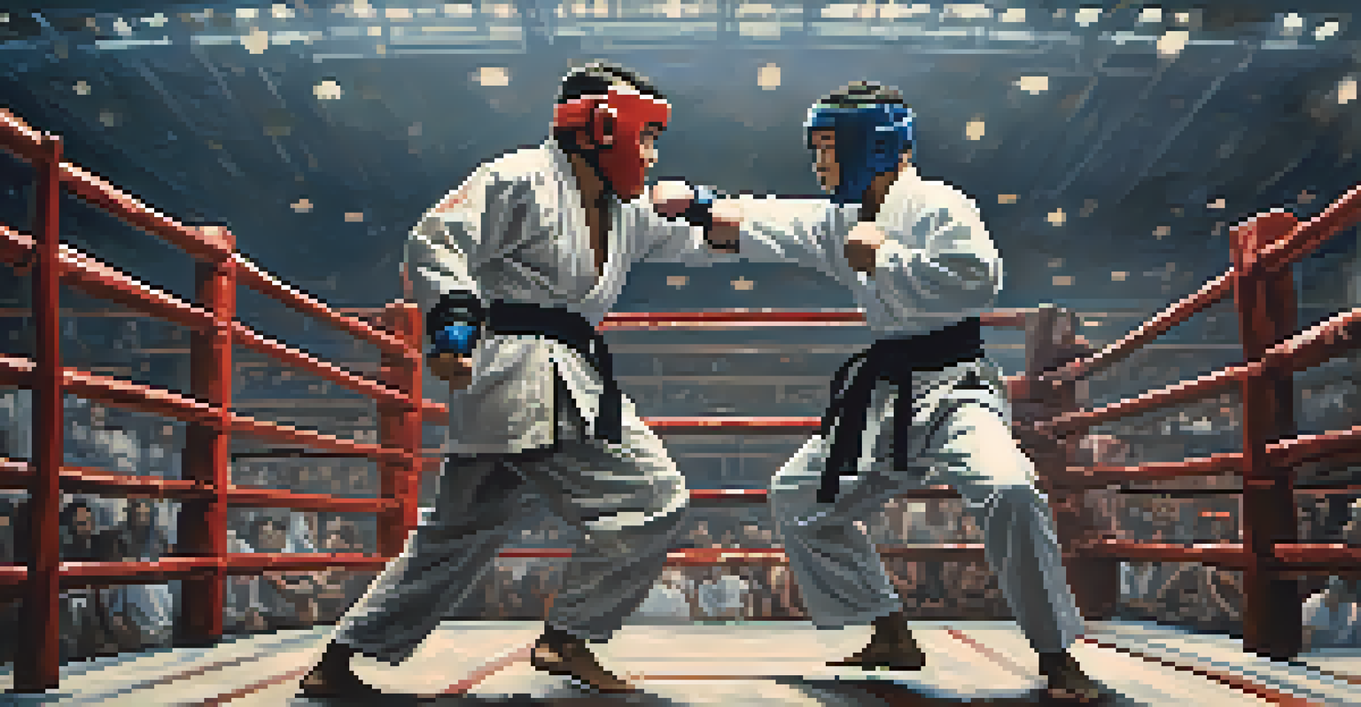 Two martial artists sparring in a competition arena, showcasing mutual respect and skill.