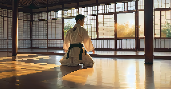 A martial artist in a white gi practicing kata in a sunlit dojo, surrounded by martial arts equipment.