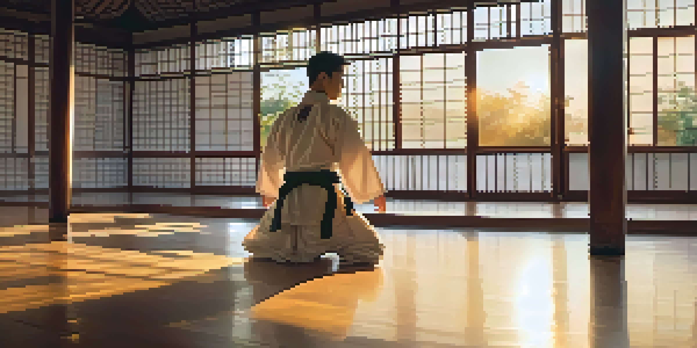 A martial artist in a white gi practicing kata in a sunlit dojo, surrounded by martial arts equipment.