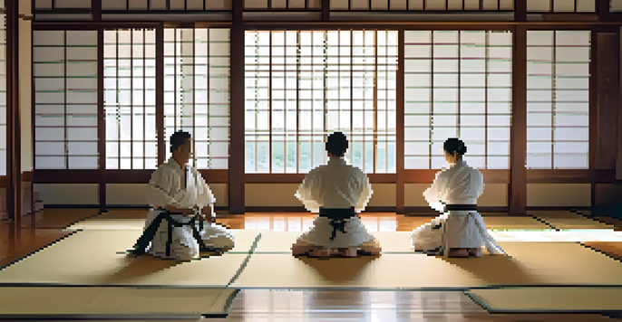 A peaceful dojo with practitioners in traditional attire performing martial arts in a sunlit space.