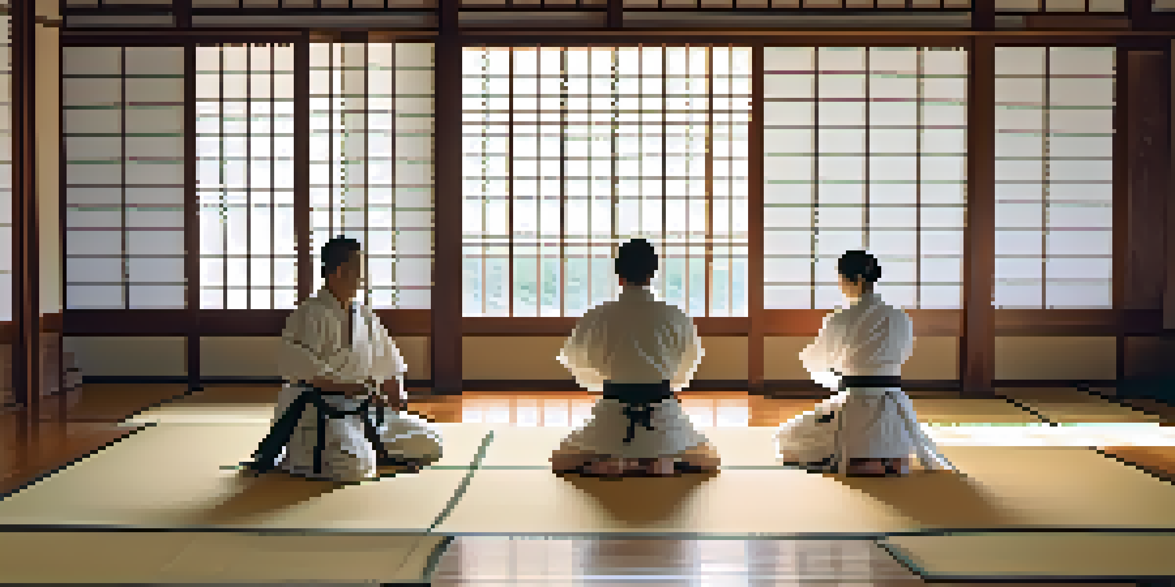 A peaceful dojo with practitioners in traditional attire performing martial arts in a sunlit space.