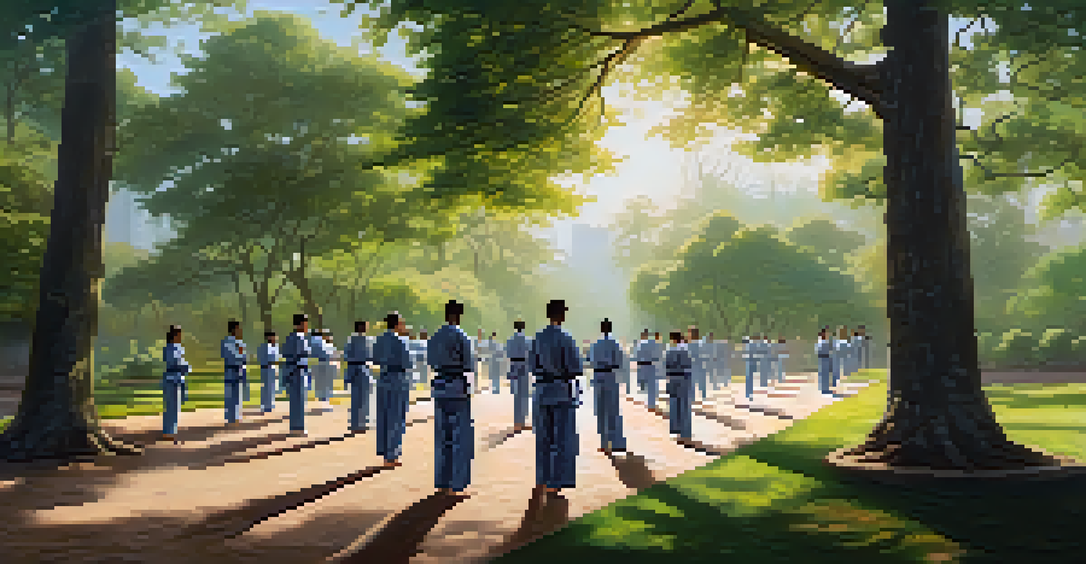 A group of martial artists training outdoors under an instructor, surrounded by a lush green park.