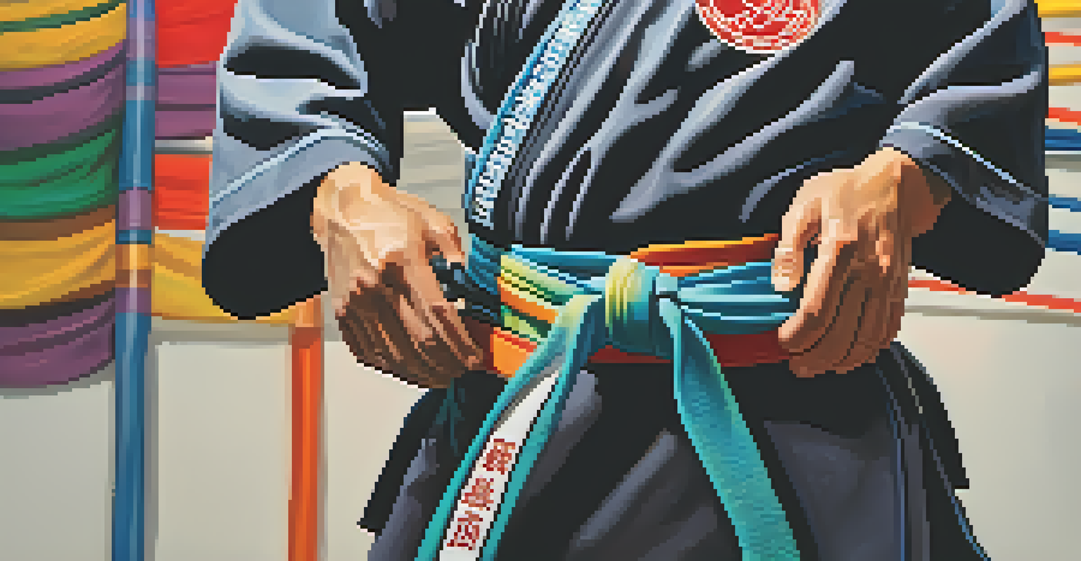 Close-up of hands tying a colored martial arts belt in a dojo setting.
