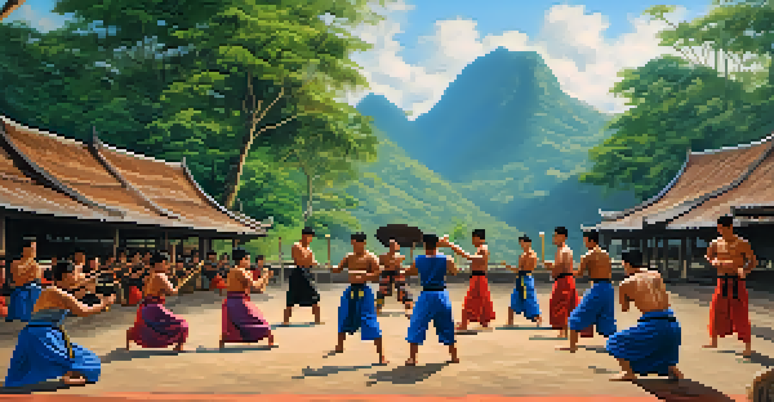 Students practicing Muay Thai outdoors in Thailand with lush mountains and local musicians in the background.