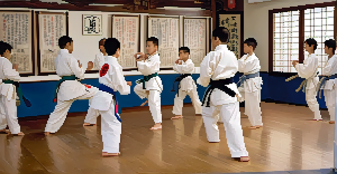 Children practicing martial arts in a dojo under the guidance of an instructor, with a focus on discipline and teamwork.