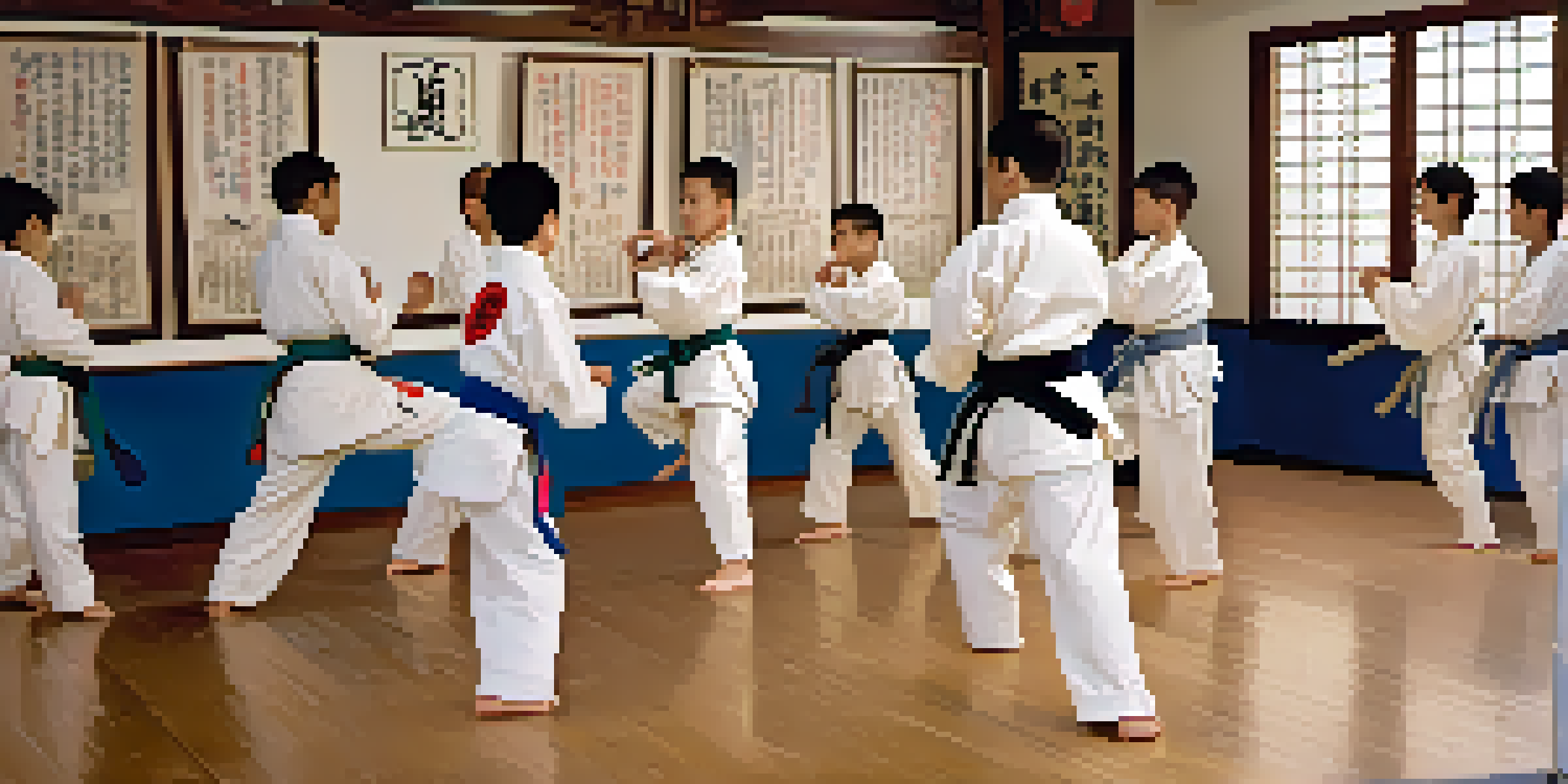 Children practicing martial arts in a dojo under the guidance of an instructor, with a focus on discipline and teamwork.