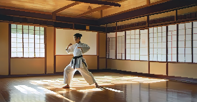 A martial arts dojo with a practitioner performing tai chi, surrounded by wooden floors and natural light.