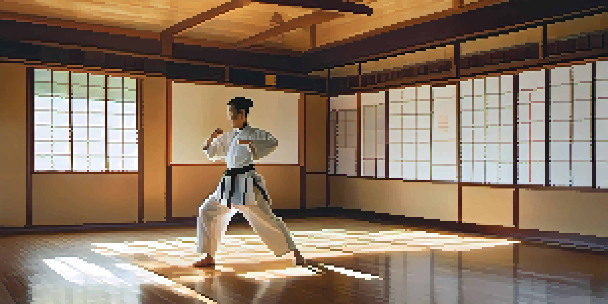 A martial arts dojo with a practitioner performing tai chi, surrounded by wooden floors and natural light.