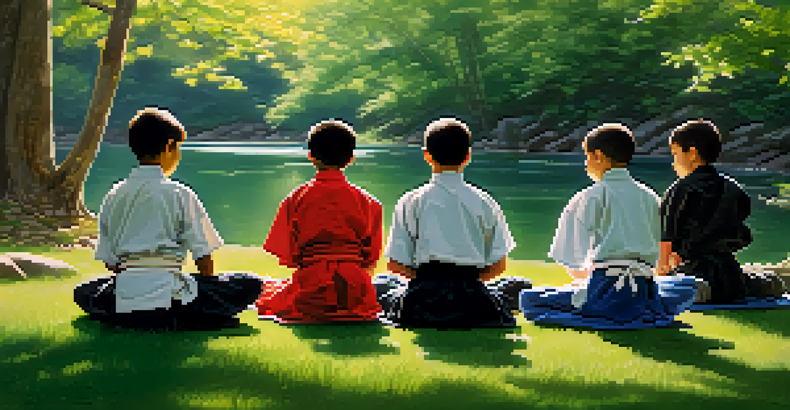 Young martial artists meditating outdoors, embodying calmness and self-control in a peaceful natural environment.