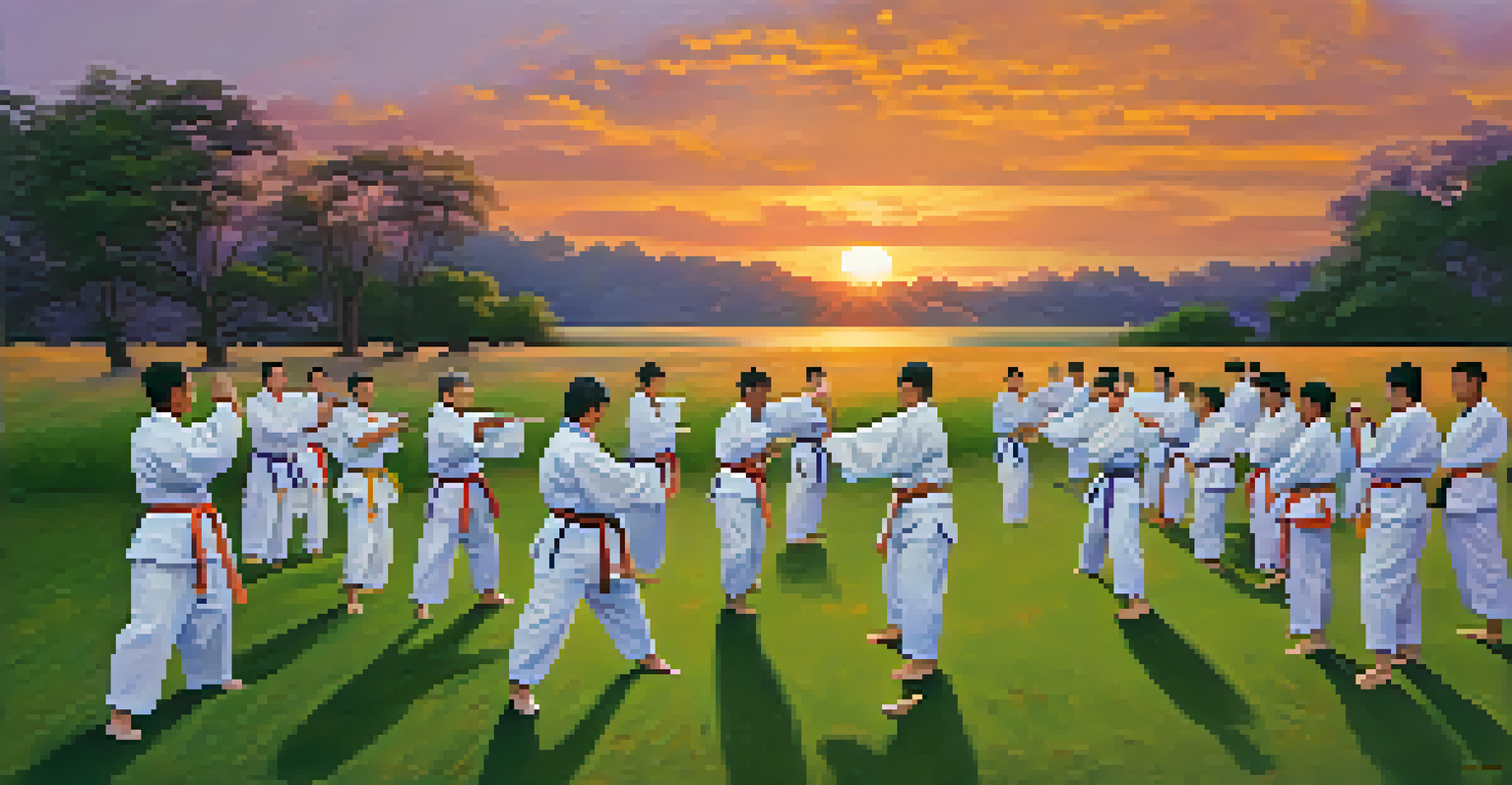 Group of martial artists practicing outdoors at sunset, with colorful gis and a vibrant sky.
