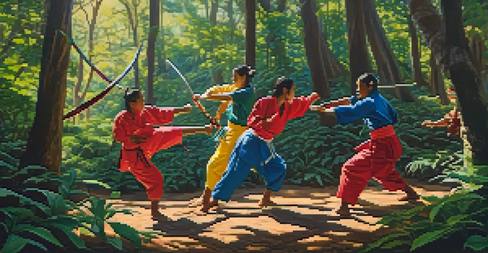 Indigenous martial artists practicing in a forest, showcasing traditional combat techniques with colorful attire and dappled sunlight.