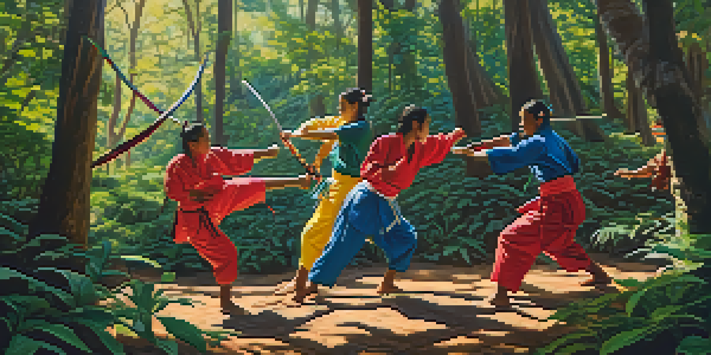 Indigenous martial artists practicing in a forest, showcasing traditional combat techniques with colorful attire and dappled sunlight.